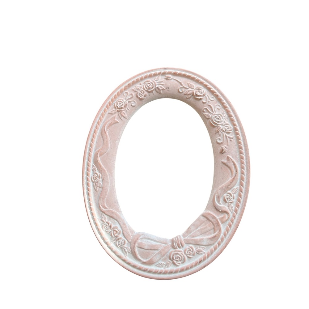 Vintage Pink Oval Rose Ribbon Bow Picture Frame Cottagecore Shabby Chic 9.5x7.25